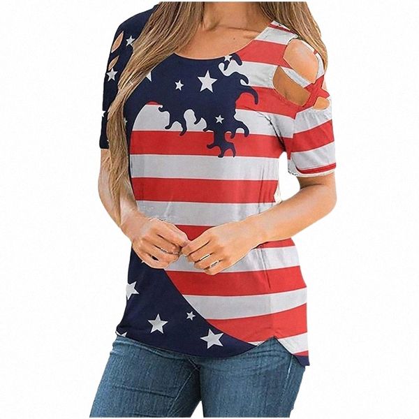 

women's t-shirt summer independence day stars stripes american flag printing round neck pullover short sleeve casual c97w#, White