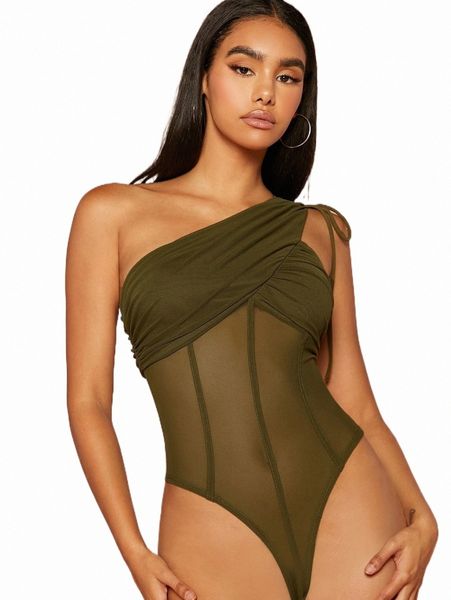 

one shoulder drawstring ruched sheer mesh bodysuit d8lh#, White