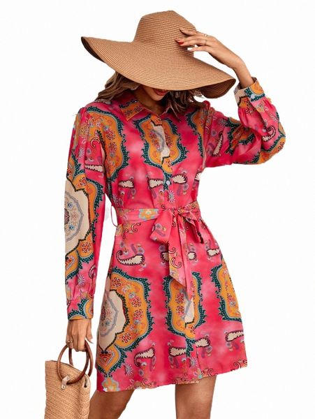 

paisley print belted shirt dress y6gd#, Black;gray