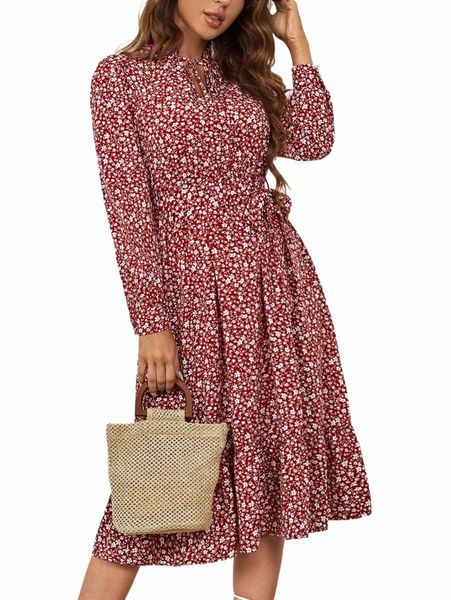 

ditsy floral print tie neck ruffle hem dress x6bj#, Black;gray