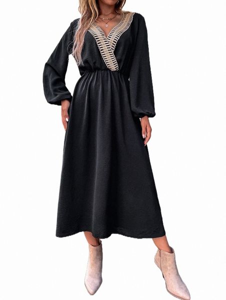 

guipure lace insert lantern sleeve dress r1iu#, Black;gray