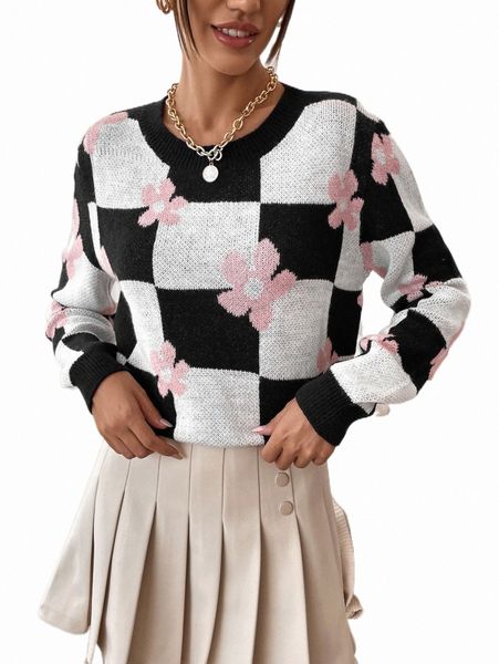 

floral & checkered pattern sweater 36du#, White;black