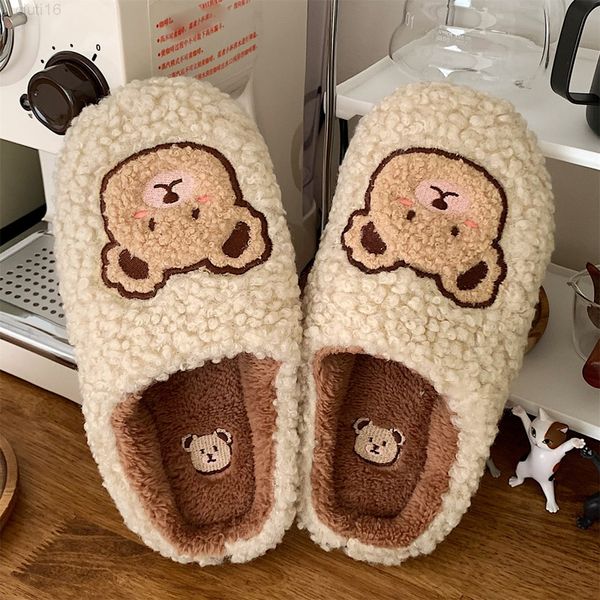 

2022 fluffy fur slippers women winter warm closed plush home teddy bear slippers flip flops flat cute animal slides shoes y220818, Black