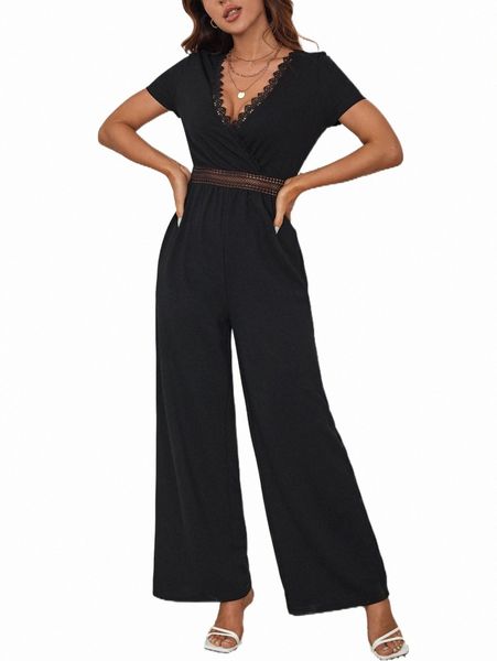 

guipure lace panel plunging neck jumpsuit f6y5#, Black;white