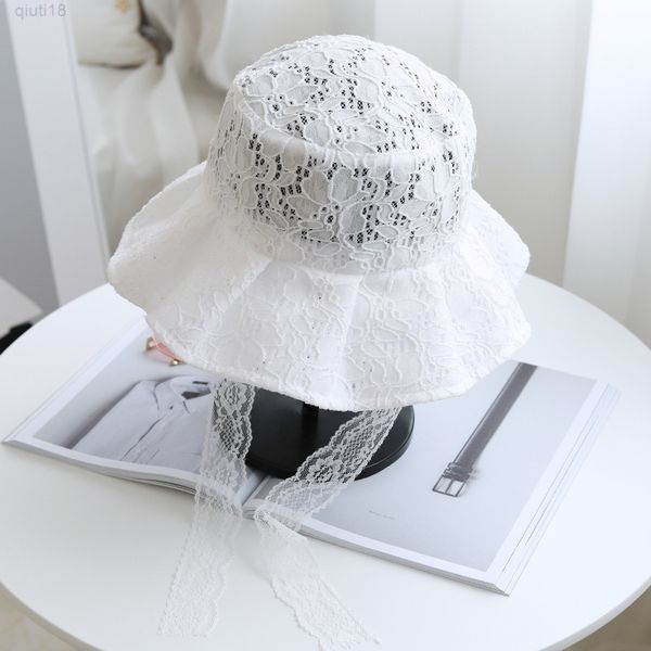 

omea lace bucket hat women summer sun visor fashion fisherman elegant floral hat with ribbon floppy cap holiday luxury designer y220818, Blue;gray