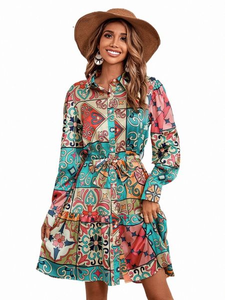 

patchwork print belted shirt dress g1b0#, Black;gray