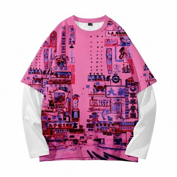 

men's hoodies & sweatshirts neon night street summer retro trend style fashion round neck fake two j2az#, Black