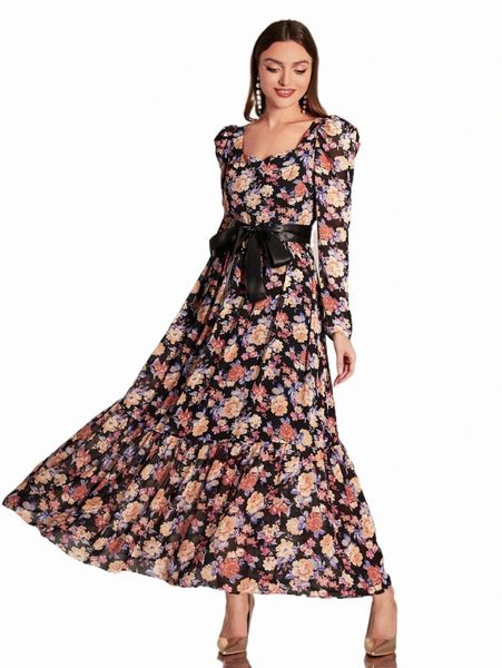 

allover floral print sweetheart neck belted dress t6f8#, Black;gray