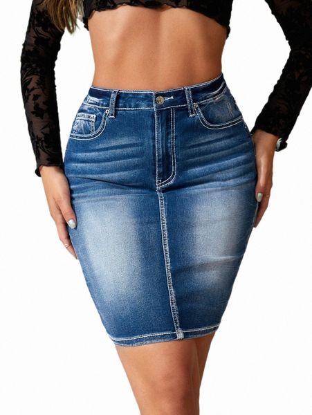 

high waist bleach wash bodycon denim skirt h8p9#, Black