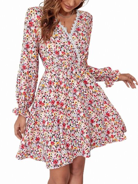 

floral print guipure lace trim flounce sleeve dress without belt y2ow#, Black;gray