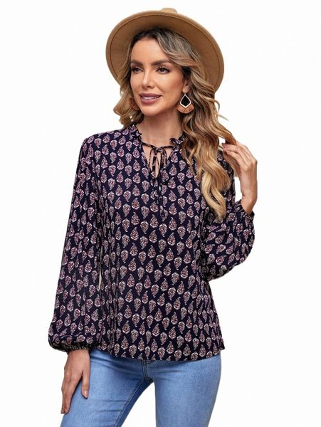 

emery rose allover print tie neck lantern sleeve blouse s9ut#, White