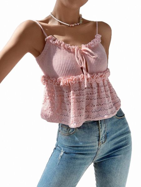 

frilled tie front cami knit l9c7#, White;black