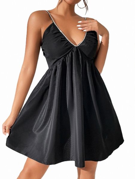 

solid rhinestone cami dress w43j#, Black;gray