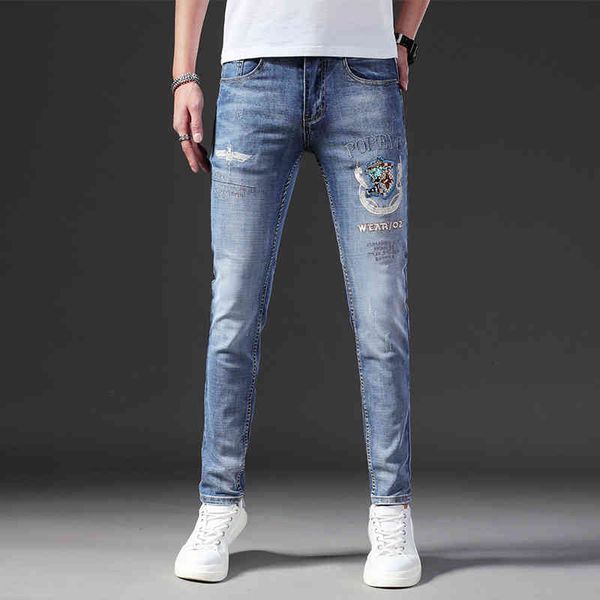 

men's jeans autumn light blue embroidered jeans men's fashion brand slim fit small feet elastic leisure high-end long pants iccq