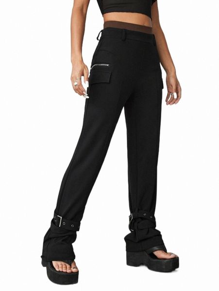 

grommet eyelet buckle detail pants j3fh#, Black;white