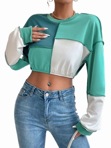 

colorblock stitching drop shoulder crop sweatshirt m28y#, Black