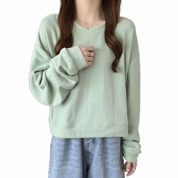 

women's hoodies & sweatshirts female sweatshirt korean fashion solid color loose long sleeve pullovers crewneck crop hoodie basic haraj, Black