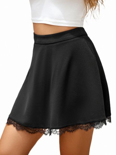 

lace hem solid skirt l4jw#, Black