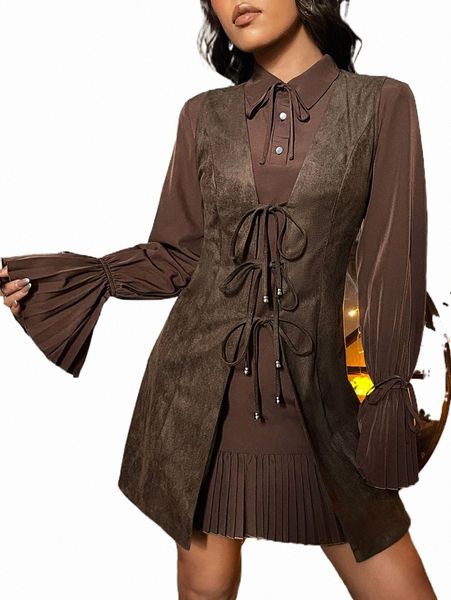 

flounce sleeve dress & tie front vest coat 33w0#, White