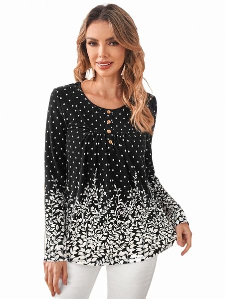 

emery rose polka dot & plants print button front tee 81vj#, White