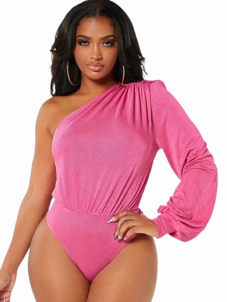 

sxy one shoulder lantern sleeve ruched bodysuit 27ke#, White