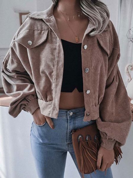

autumn corduroy jacket women coat cropped jackets for short female lantern sleeve overshirt 220818, Black;brown