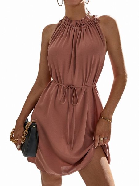 

tall solid frill trim belted dress q2gq#, Black;gray