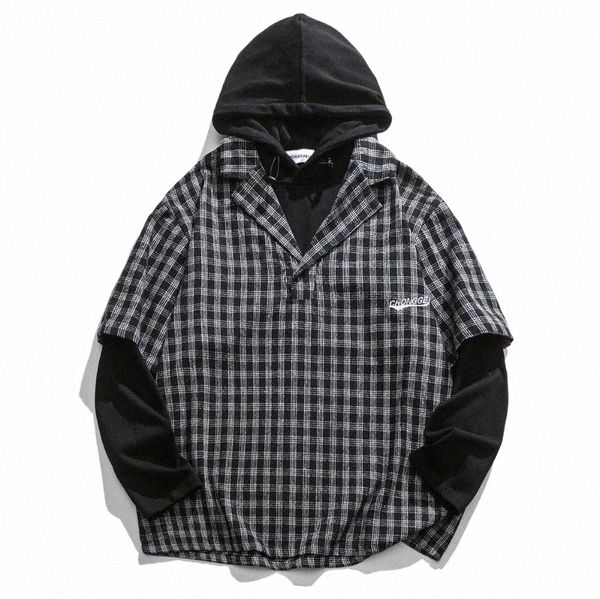 

women's hoodies & sweatshirts women striped plaid false two pieces casual pullover hooded men fashion hip hop hipster streetwear hoodie, Black