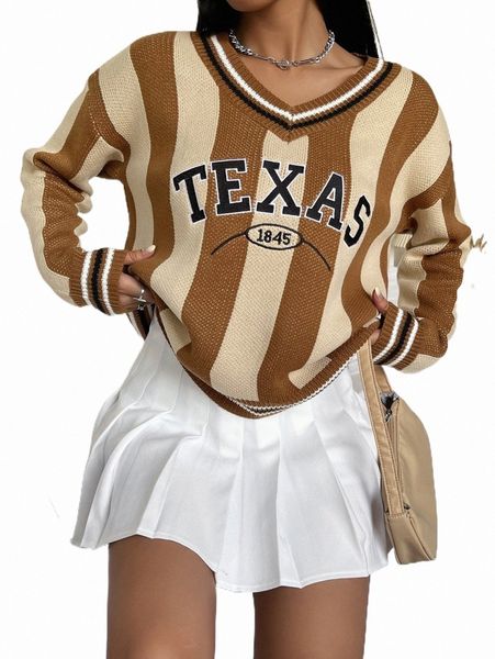 

letter embroidery striped trim drop shoulder sweater e7sw#, White;black