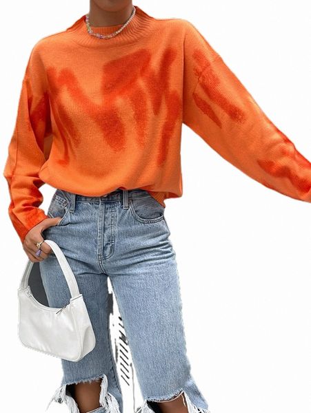 

graphic pattern mock neck drop shoulder sweater q1eg#, White;black