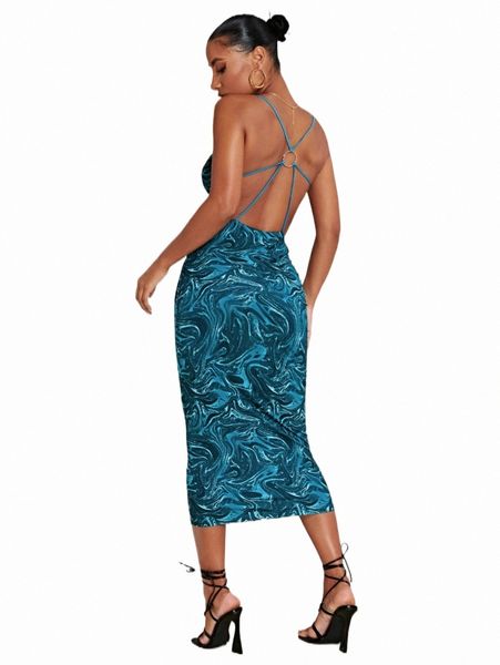 

marble print ring link front cami dress e6io#, Black;gray
