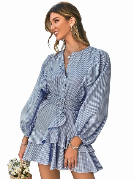 

simplee gingham lantern sleeve ruffle hem belted dress 04rk#, Black;gray