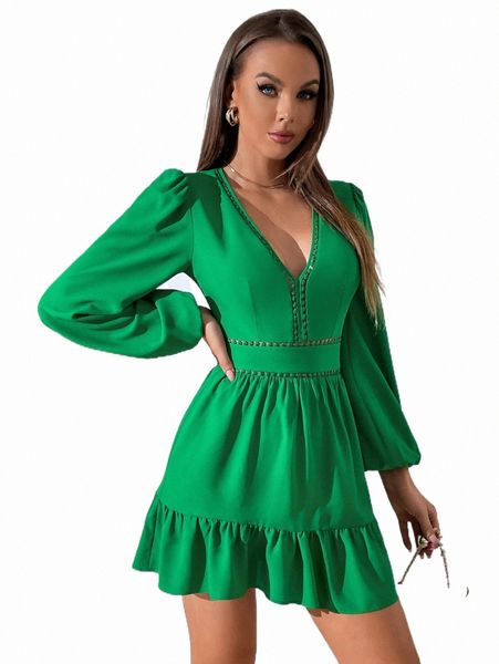 

zipper back bishop sleeve ruffle hem dress e4nk#, Black;gray