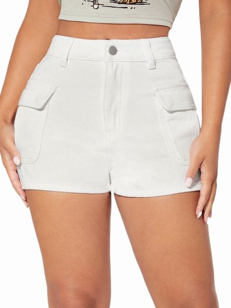 

petite high waist flap pocket denim shorts b96l#, White;black