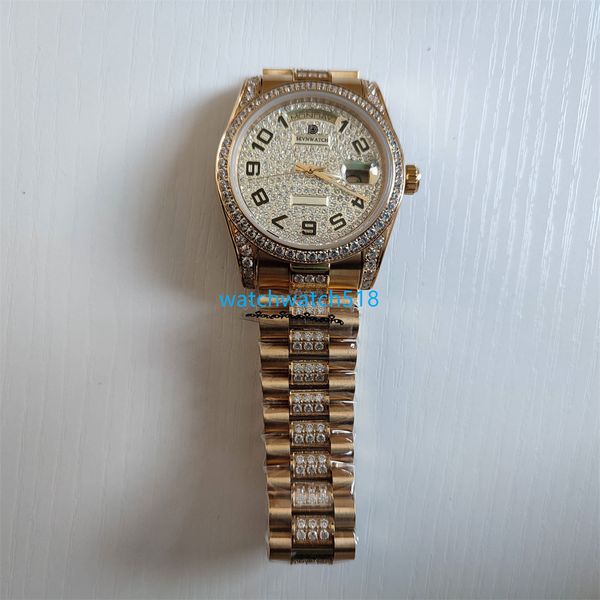 

two style luxury watch full pave diamonds number dial 18k yellow gold quickset 36mm automatic movement mechanical sapphire unix wristwatch w, Slivery;brown