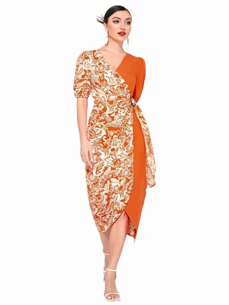 

floral print knot side wrap dress 12j0#, Black;gray