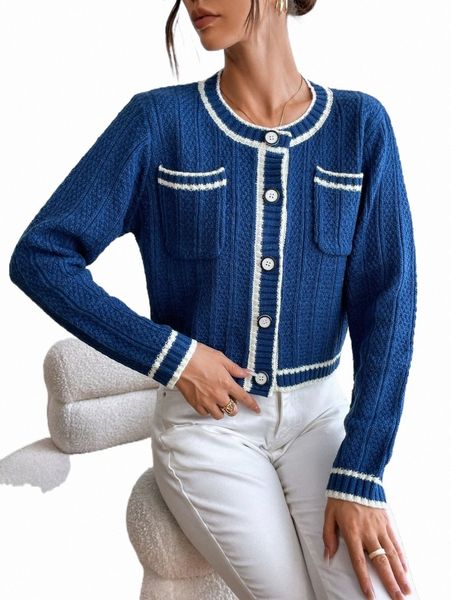 

contrast trim pocket patched cardigan e8es#, White;black