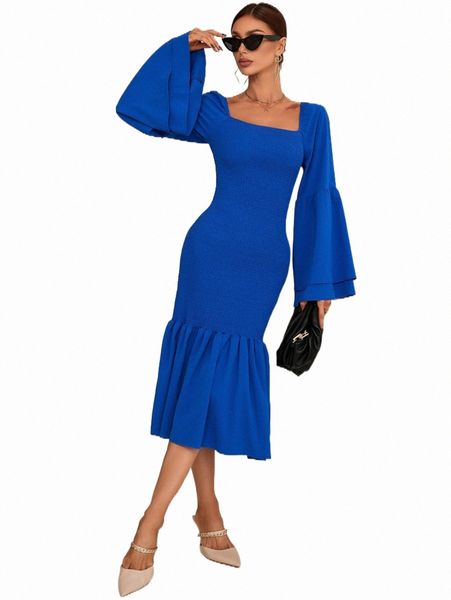 

square neck flounce sleeve shirred mermaid hem dress h5wi#, Black;gray