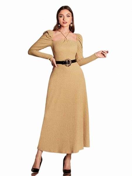 

solid puff sleeve dress without belt f0xd#, Black;gray