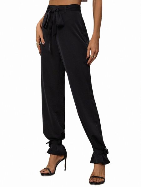 

solid knot hem pants l5is#, Black;white
