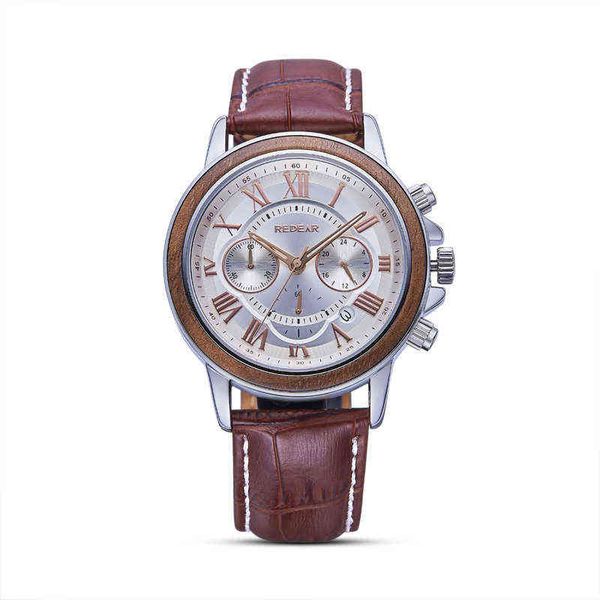 

huiya06 fashion sports men's watch 40mm luminous multifunction wooden ring bezel quartz watches 30m waterproof, Slivery;brown
