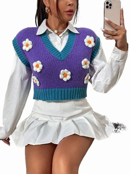 

1pc appliques contrast binding v-neck sweater vest x3f6#, White;black