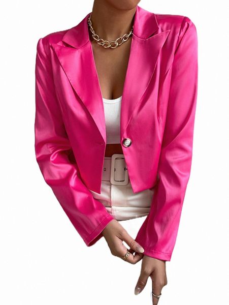 

solid single button satin crop blazer q1br#, White