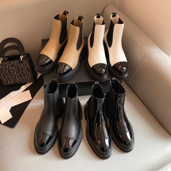 

chelsea boots for womens cowskin patent leather high elasticity elastic band comfortable flat shoes designer mixed color thick bottom ankle, Black