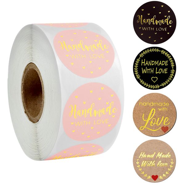 

500pcs handmade with love kraft paper stickers 25mm pink round adhesive labels baking wedding party decoration sticker 1222877