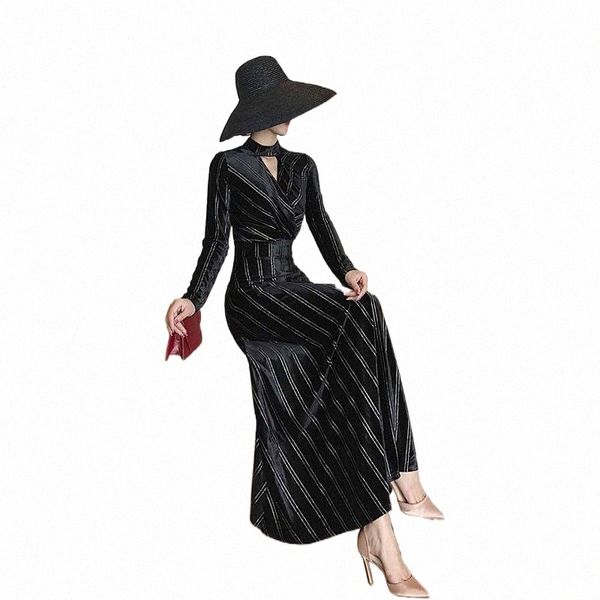 

casual dresses women 2021 spring autumn striped gold velvet dress female long sleeve high waist office lady maxi vestidos z277 84la#, Black;gray