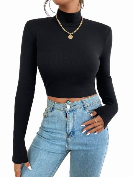 

mock neck ribbed knit crop tee 23an#, White