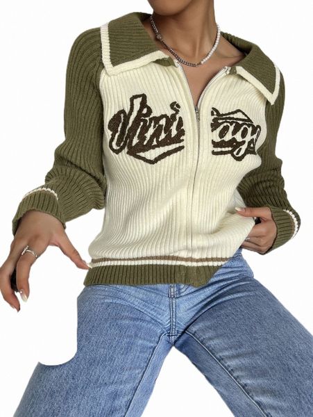 

letter pattern striped trim raglan sleeve zipper cardigan a8fx#, White;black