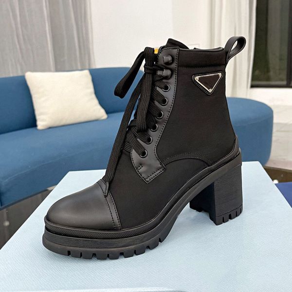 

winter boots designer womens cowskin leather nylon ankle boots lace up platform chunky heels motorcycle booties australia eu35-41, Black
