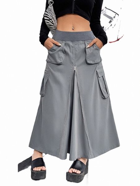 

drop waist zipper front flap pocket skirt o17u#, Black